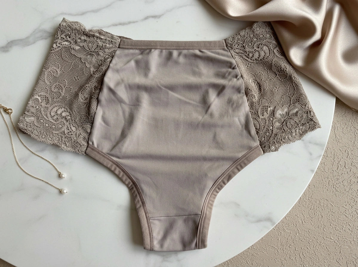 Achteraanzicht van de Helena High-Waist Brief in classic beige van Shonnie Collection, met een flatterende hoge taille, luxe bloemenkant aan de zijkanten en een comfortabele pasvorm.