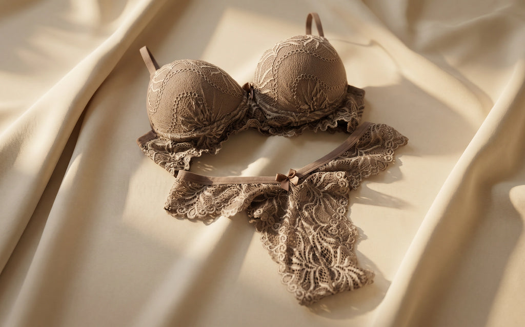 Vooraanzicht van de Olivia kanten lingerieset in mokkabruin van Shonnie Collection met een elegante kanten bh, bijpassende damesslip en hoogwaardige afwerking in een luxe setting.