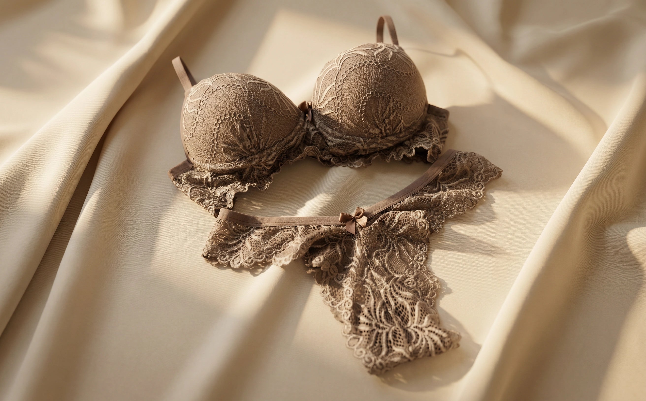 Vooraanzicht van de Olivia kanten lingerieset in mokkabruin van Shonnie Collection met een elegante kanten bh, bijpassende damesslip en hoogwaardige afwerking in een luxe setting.
