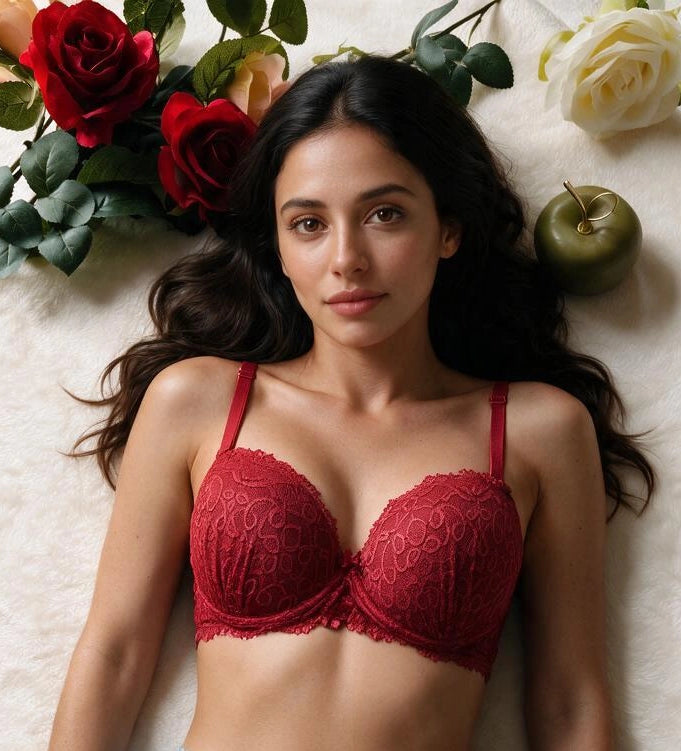 Model draagt een bordeauxrode kanten bh uit de Shonnie Everyday-collectie, ontworpen voor dagelijks comfort, optimale ondersteuning en een perfecte pasvorm.